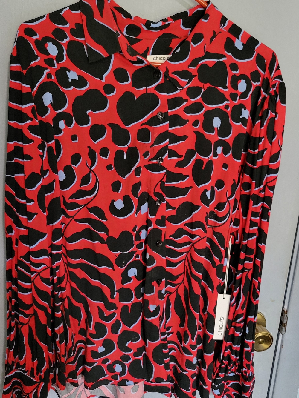 Chico's Easy Shirt Sz 16 Red Black & Light Blue Animal-Print Button Front Blouse